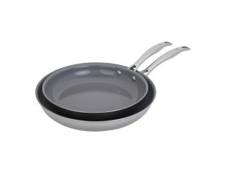 High-performance nonstick fry pan set for large-batch cooking. Sturdy tri-ply clad construction with aluminum core heats up evenly and quickly. Toxic-free Ceraforce ceramic nonstick coating offers quick and easy release. Comfortable stay-cool hollow cast 