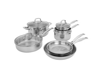 Make quick work in the kitchen with Henckels Clad H3 cookware. Sturdy tri-ply clad construction with aluminum core heats up evenly and quickly. Polished mirror finish. Pouring spout and flared rim provide clean and mess-free pouring. Glass lid locks in mo