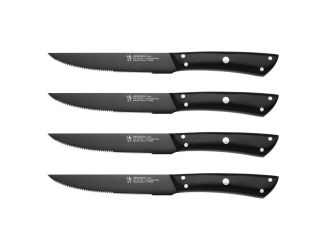 This set of 4.5" Steak knives will effortlessly slice through any meat. Matte black silicone resin coating is stain-and corrosion-resistant. Made from high quality stainless steel. Balanced single piece stamped construction. Comfortable handles with decor