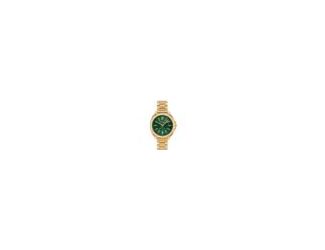 Coach Kitt Ladies. 34mm Gold Plated Case. Gold Plated Bracelet with push button deployment clasp. Green Dial with Diamond Dust Gold Plated Markers. Mineral crystal. Quartz movement. Water Resistant to 99 feet.