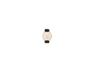 Coach Jackson Gents. 45mm Gold Plated Case. Silver/White Chrono Dial with date display. Dark Brown Leather Strap with tongue buckle. Mineral crystal. Quartz chronograph movement. Water Resistant to 99 feet.