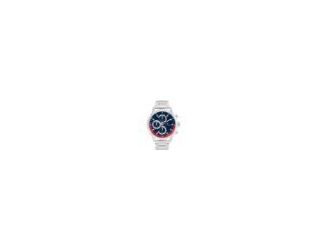 Bold and sporty, the new Tommy Hilfiger men's watch adds a pop of color to your wrist. Featuring link bracelet, a sporty oversized crown and pushers, and a sunray dial with applied stick indexes and CD-textured sub-eyes, it's the perfect blend of style an