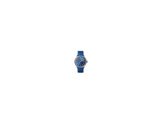 Detrola is designed with a classic silhouette and bold attitude. Blue rubber strap with traditional buckle closure. Denim Blue dial with Arabic numerals and three hands. Day of the month calendar by the 3 position. Blue stainless steel and TR 90 resin bez