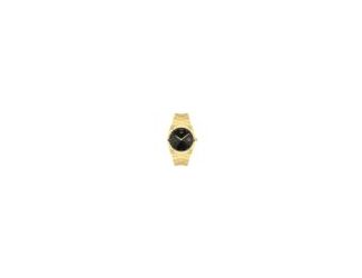 Inspired by Movado's historic 1970s archives through a future forward lens. Gold-tone stainless steel integrated bracelet bezel and case. Black sunray dial with gold-tone hands and hour markers. Day of the month calendar by the 13 position. Signature blue