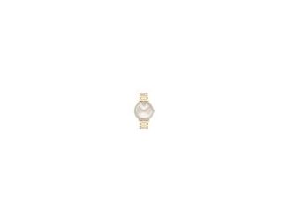 Bold Evolution 2 watches exhibit the evolution of modern design with an elevated feel. Gold-tone stainless steel H-link bracelet with taupue ceramic center links. Taupe micro-textured dial with two gold hands. Signature dot at 12 o'clock fully paved with 