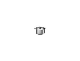 Triple layer construction with full aluminum core from base to rim. Polished stainless steel exterior contains lightweight titanium. Resists scorching discoloration and corrosion at high temperatures. Iconic three-ring lid with stainless knob stabilizes f