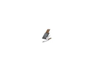 Ideal for safe blade storage and super fast and easy food preparation. Swiss made cutlery block crafted in robust beechwood housing five Swiss made knives and a fork. Knives made with wear resistant steel blades. Beautiful walnut handles. Recommend hand w