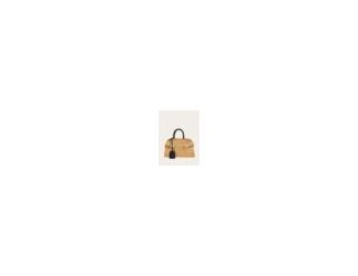 The unique Hug silhouette is brought to life in hand-woven raffia-effect fabric in seasonal hues. Compact and cool, it has wide straps that wrap the sides and fasten at the front via two golden Gancio buckles, and leather top handles with leather fob. The