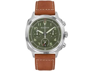 Bulova's latest military-inspired timepiece is a revamped style from the past. Defined by it's stainless steel cushion case and coin-edge bezel, this 6-hand chronograph watch affords functionality and iconic heritage style. The military green dial is appo