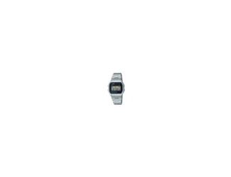 Silver-tone stainless steel bracelet with adjustable clasp. Resin and chrome plated bezel and case. 1/100-Second stopwatch. Daily alarm and hourly time signal. LED Light. Auto calendar. 12/24 Hour format. Accuracy +/- 30 seconds per month. Approximate 7-y