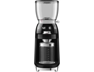 Coffee grinder with retro-style design and stainless-steel housing. Choose from 30 grinding settings for precision grinding. 8 pre-set coffee quantity settings. Conical burr grinder for consistent grind Clear bean chamber shows amount of coffee remaining
