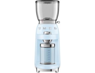Coffee grinder with retro-style design and stainless-steel housing. Choose from 30 grinding settings for precision grinding. 8 pre-set coffee quantity settings. Conical burr grinder for consistent grind Clear bean chamber shows amount of coffee remaining