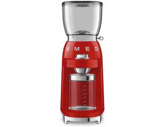 Coffee grinder with retro-style design and stainless-steel housing. Choose from 30 grinding settings for precision grinding. 8 pre-set coffee quantity settings. Conical burr grinder for consistent grind Clear bean chamber shows amount of coffee remaining
