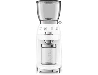 Coffee grinder with retro-style design and stainless-steel housing. Choose from 30 grinding settings for precision grinding. 8 pre-set coffee quantity settings. Conical burr grinder for consistent grind Clear bean chamber shows amount of coffee remaining