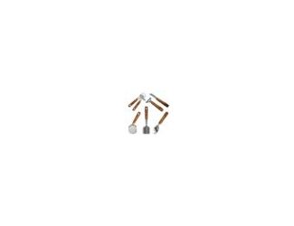 Handles feature a wood grain design. Meat Chopper is perfect for dicing or mincing meats with ease. Pizza Cutter is sharp and durable for effortless slicing. Ice Cream Scoop easily serves frozen treats without sticking. 2-Piece peeler set is ideal for fru
