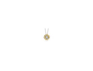Stylish Rhodium and 14K Gold Plated Cubic Zirconia Floral Pendant. This pendant features interesting flower design that consists of two tone flower, where the petals are made out of 14K Gold plating, accented with small clear round cubic zirconia stones a