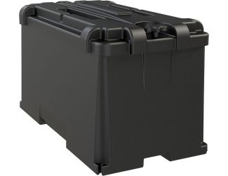 The HM408 features a four-corner fastening system and captive lid for easy installation, large cable entry holes for heavy gauge wires, full flow ventilation for releasing battery gasses, and a large battery acid reservoir. The design provides ultimate pr