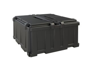 The HM485 features a four corner fastening system and captive lid for easy installations, large cable entry holes for heavy gauge wires, full flow ventilation for releasing battery gasses, and a large battery acid reservoir.