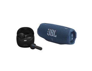 Charge 6 Portable Waterproof Speaker. JBL Pro Sound. AI Sound Boost. 24 Hour playtime + 4 hours with Playtime Boost. Built-in power bank. JBL Portable app. Tune Flex 2 Noise Cancelling True Wireless Earbuds. JBL Pure Bass Sound w/ Spatial Sound. Adaptive 