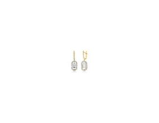 These earrings exude the vividness of the oceans surf. The delightfully blue hue of the aquamarines is further enhanced by the two tone 14k yellow and white gold settings. The aquamarines sit beautifully in ornate halos of baguette and round cut diamonds.