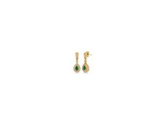When you wear dazzling jewelry like this you are sure to stand out. Centerpiece 5x3 pear shaped emerald stone. Emerald stone is elegantly set in 14k yellow gold. The earring length is laid with .30twt round sparkling diamonds. Watch the earring hang refle