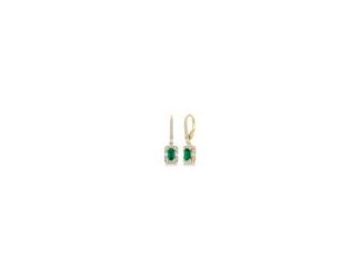 Opt for show-stopping elegance with these 14k yellow gold drop earrings boasting 5x3mm emerald-cut emeralds that flaunt a dramatic green hue. Framed by round and baguette-cut diamonds, perfectly pav and prong-set in shimmering gold, the eye-catching gleam