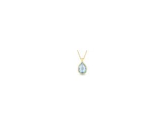 Simple yet elegant, faceted 9x6mm blue topaz pear-shaped gemstone is beautifully set in 14k yellow gold vermeil. The pendant is suspended from an 18" cable chain secured with a lobster claw clasp. The magnificent pear-shaped blue topaz is exquisitely set 