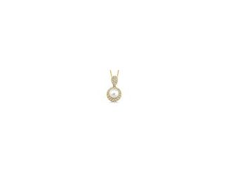 The creative merging of diamonds and pearls says, "This lady has class." A 6mm cultured pearl is surrounded by .25twt round diamond halo set in lustrous 10k yellow gold, with additional diamonds set along the necklace bail. Suspended from an 18" cable cha