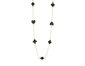 Play your hand in style with this sterling silver with yellow gold overlay card suit necklace. Featuring stationary ace of spades, heart, diamond, and club charms in sleek black enamel, it brings a bold, playful edge to your layering possibilities. Measur