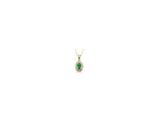 Beautiful addition to your personal jewelry selection. The classic green emerald stands out with sparkling diamonds. Stunning 5 x 3mm oval green emerald pendant. Emerald is encircled by .05twt round brilliant cut diamonds. Emerald and diamonds are set in 