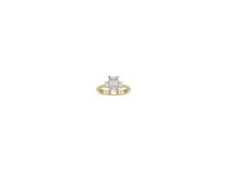 Substantial, sophisticated and scintillating, this 14k yellow gold fusion diamond fashion ring is a must-have. This illusion setting is made by expertly selecting different sized round and baguette diamonds (.60ctw) to give you that extra big sparkle. The