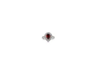 Keep life colorful with the happy hue and standout style of this beautiful ring featuring an exceptional 10x7mm pear-shaped garnet surrounded by a halo of .10twt round diamonds. The delicate milgrain borders of the ring enhance the antique charm of the pi