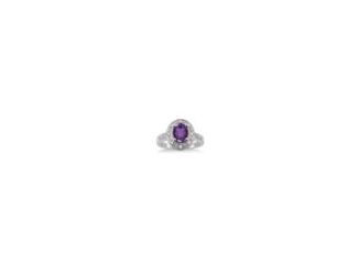 Make a royal statement with this striking pendant necklace that features a passionately purple 8x6mm oval amethyst surrounded by a halo of .10twt round diamonds set in sterling silver. Available in whole sizes 6-9.