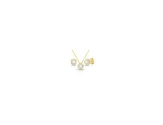 Perfectly delicate and dazzling. This sterling silver with yellow gold overlay pendant necklace features .10twt round diamonds with diamond cutting and scalloped details for extra radiance. Suspended from an 18" cable chain. Each earring in this set featu
