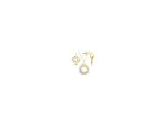 Timeless and contemporary circle earrings and necklace set. The earrings are three circles intertwined with .15twt round diamonds. The pendant is composed of three circles intertwined with .15twt round diamonds with a 16" + 2" cable chain with lobster cla