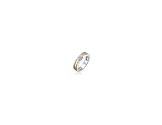 Two-tone with Clear Cubic Zirconia Band Ring. This beautiful ring elevates your style with this elegant Two-Tone Ring, featuring a brilliant round clear cubic zirconia at its center. The band features a blend of polished silver and warm gold tones, creati