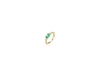 14K Gold Plated with Green & Clear Cubic Zirconia Three Stone Ring. This beautiful ring adds a regal touch to your look. Featuring a vibrant princess-cut green cubic zirconia at the center, flanked by two clear stones, it radiates elegance and charm. The 