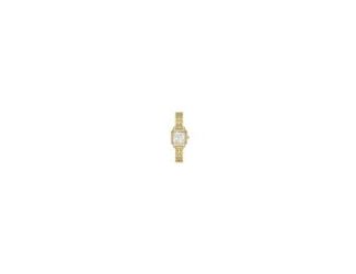 This Gracie watch features a stylish square case. Gold-tone stainless steel bracelet bezel and case. Silver sunray dial with dot hour markers and three hands. Gold-tone Spade logo at the 12 position. Quartz movement. Double push button fold over closure. 
