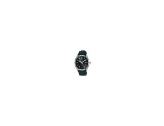 Black perforated silicone strap with traditional buckle closure. Black dial has hour markers with red accents and three hands. Day of the month calendar by the 3 position. Bezel marked with black seconds increments. Silver-tone stainless steel bezel and c