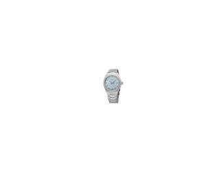From the Diamond Collection. A modern take on a classic style, this elegant watch features a sleek, angular case and bracelet design perfect for both dress occasions and everyday wear. The light blue mother of pearl dial showcases 11 stunning diamonds for