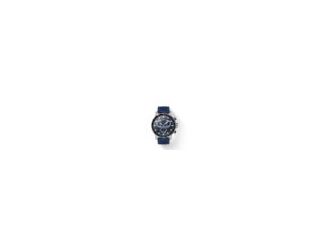 Men's watch with 45.5mm Stainless steel case with Aluminum bezel ring. Black Chronograph dial with a date window at the 6 o'clock position. Set on a blue nylon strap. Powered by a Swiss Quartz movement.