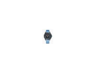 Black breitlight case with a blue rubber strap. Bi-directional rotating black bezel. Black dial with silver-tone hands and index-Arabic numeral hour markers. Minute markers around the outer rim. Luminescent hands and markers. Date display between 4 and 5 