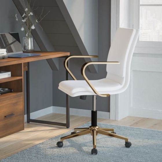 Designer Executive Swivel Office Chair with Brushed Gold Arms and Base, White
