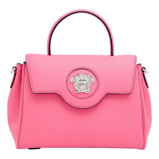 Versace Flamingo Pink Vitello Leather Top Handle Designer Handbag