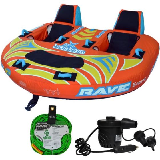 RAVE Sports - Warrior X3 Towable, 1-Section 4-Rider Tow Rope, & High Pressure DC12V Electric Pump
