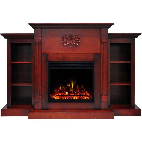 Sanoma Electric Fireplace Heater with 72-In. Cherry Mantel, Bookshelves, Enhanced Log Display, Multi