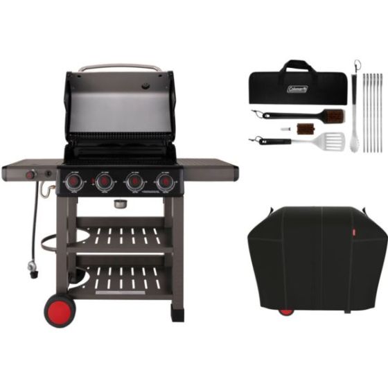 Cookout Grilling Kit with 4-Burner Propane Gas BBQ Grill, Heavy-Duty Cover, and 12-Piece Tool Set