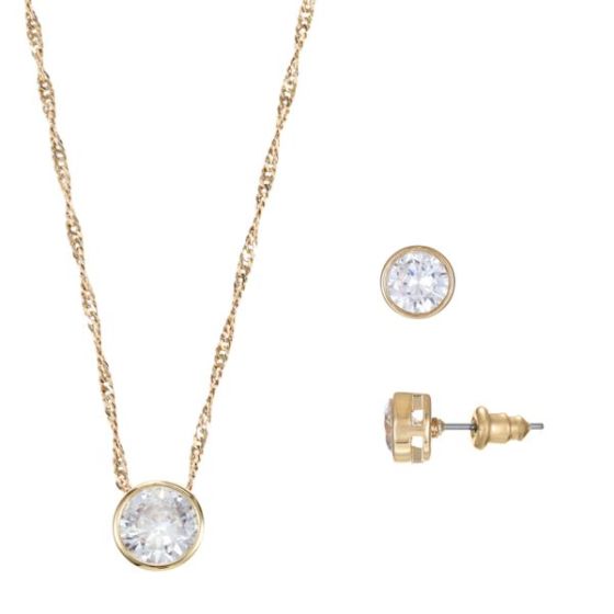 Cubic Zirconia Pendant and Earrings Set Bezel Setting - Goldtone