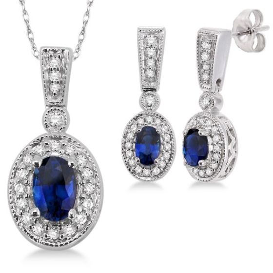 Sapphire and Diamond Earrings and Necklace Set