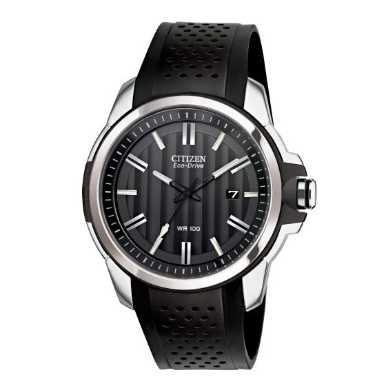 Men's Eco-Drive Watch, Stainless Steel Case with Black Pierced Polyurethane Strap